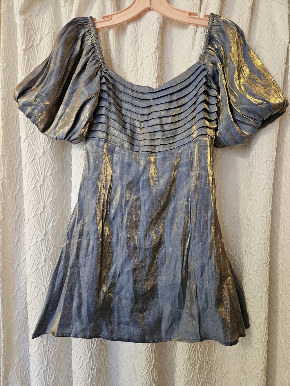 SHOP NEIGHBOR By In the Beginning  Puff Sleeve Pleated Bodice Top - Blue & Gold